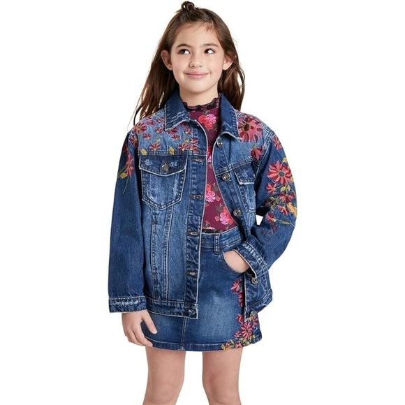 Desigual Kids Girls Oversized Floral Embroidered Denim Jean Jacket Size 9/10